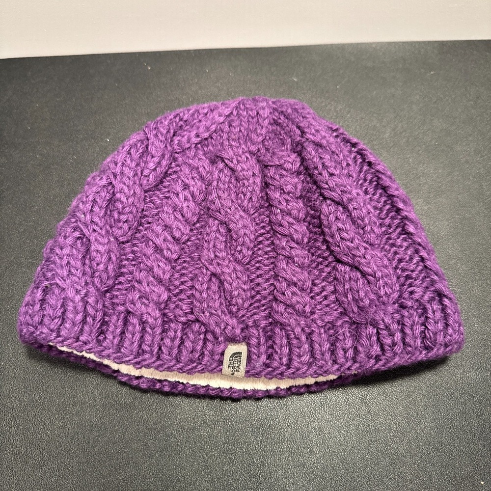 The North Face Beanie Purple Hat Crap Cable Knit Alpaca Wool Blend Fleece Lined